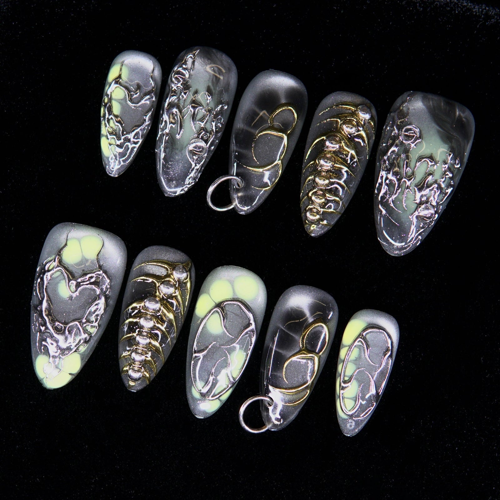 Close-up of sulfur-like glow beneath metallic surface texture.