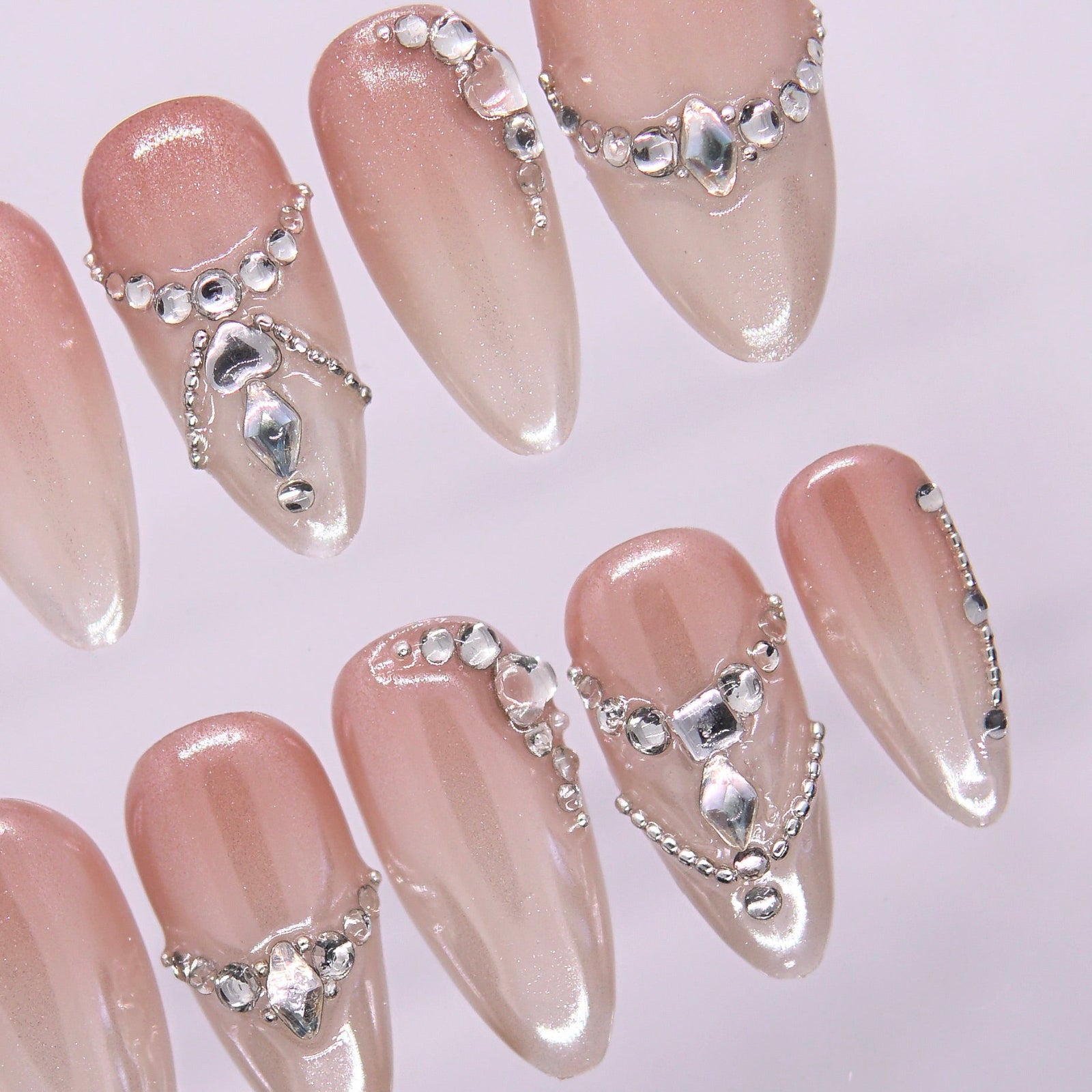 Handmade soft glam press-on nail set with rhinestone embellishments