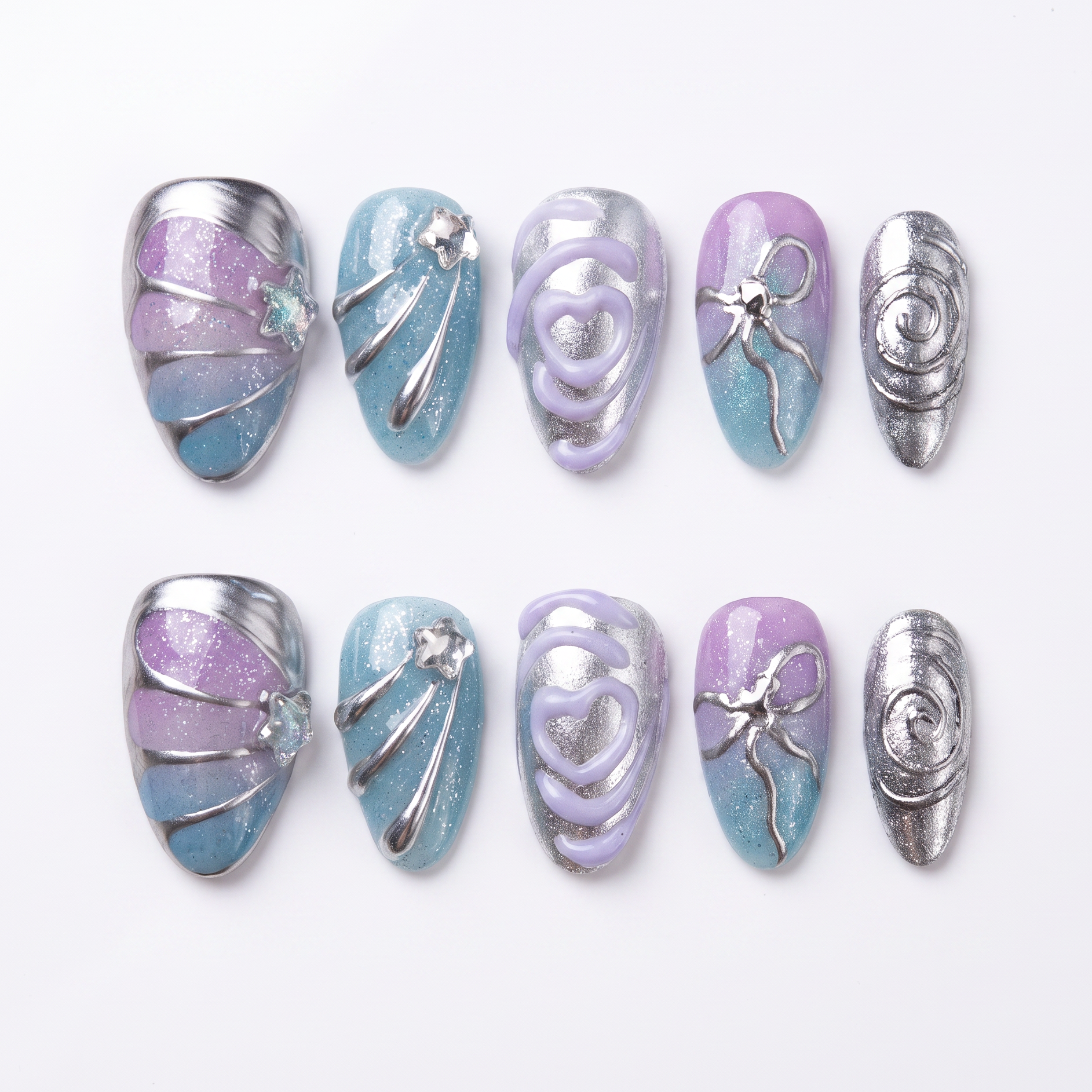 Flat lay of a pastel chrome nail set featuring sculptural silver lines and gradient tones.