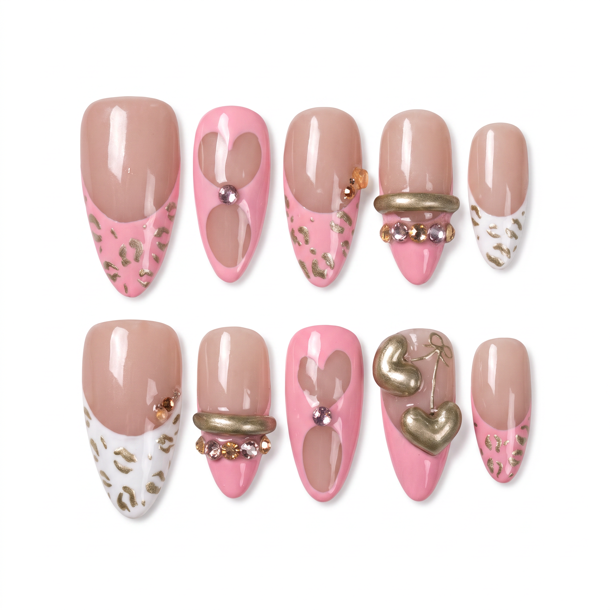Tiger zodiac press-on nails in nude and blush pink tones with heart accents and sculptural gold details representing Valor self love energy.