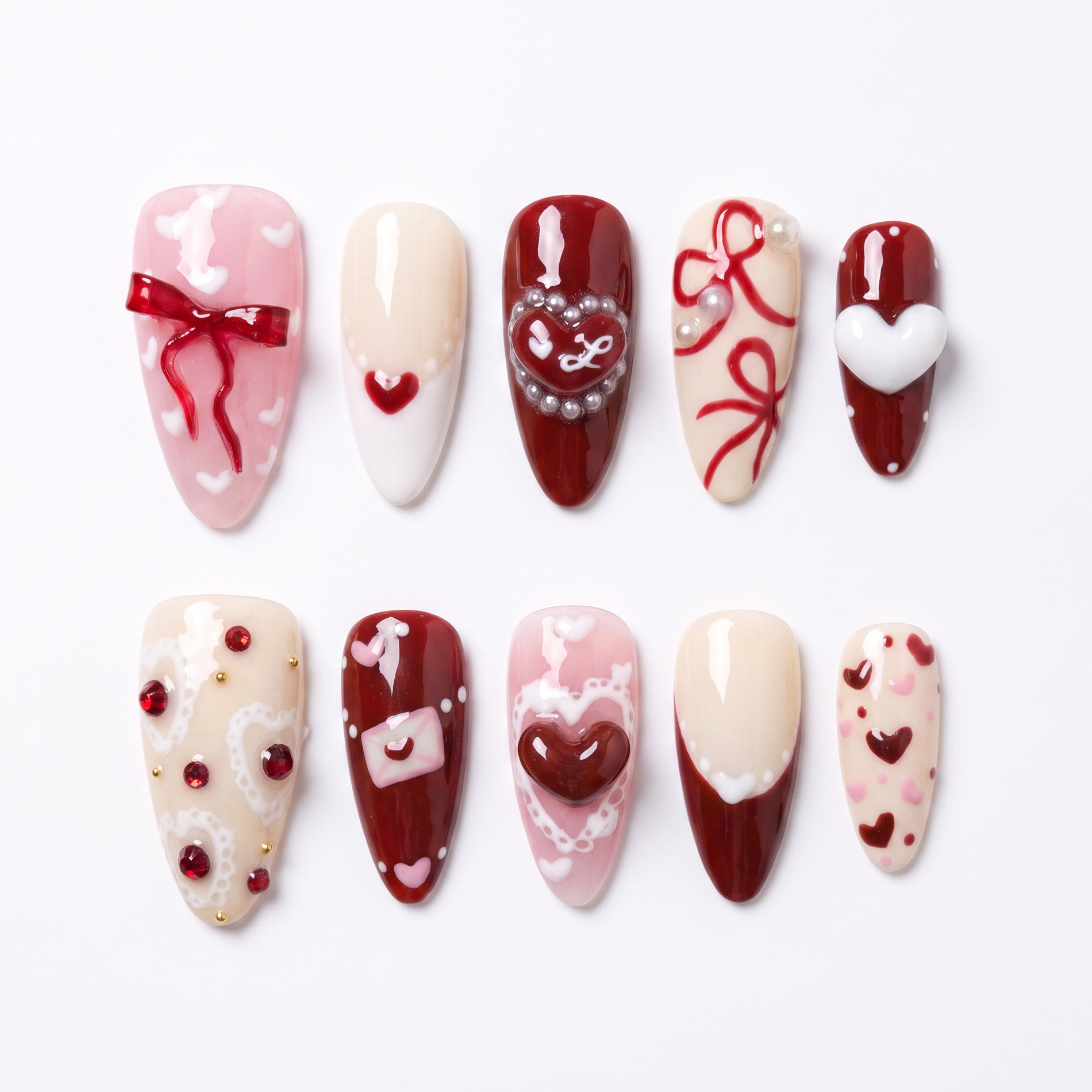 Rooster Radiance Valentine zodiac press on nails in red and blush tones