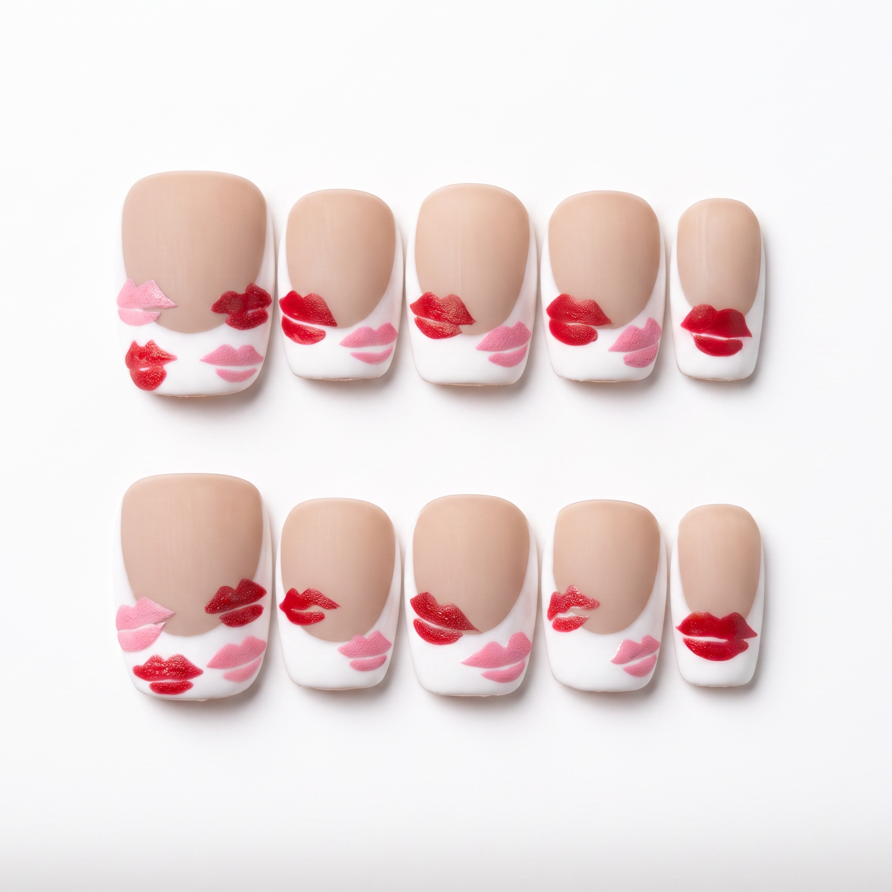 Monkey zodiac press-on nails in nude matte tones with red and pink lip designs, symbolizing sparkle and joyful self expression.