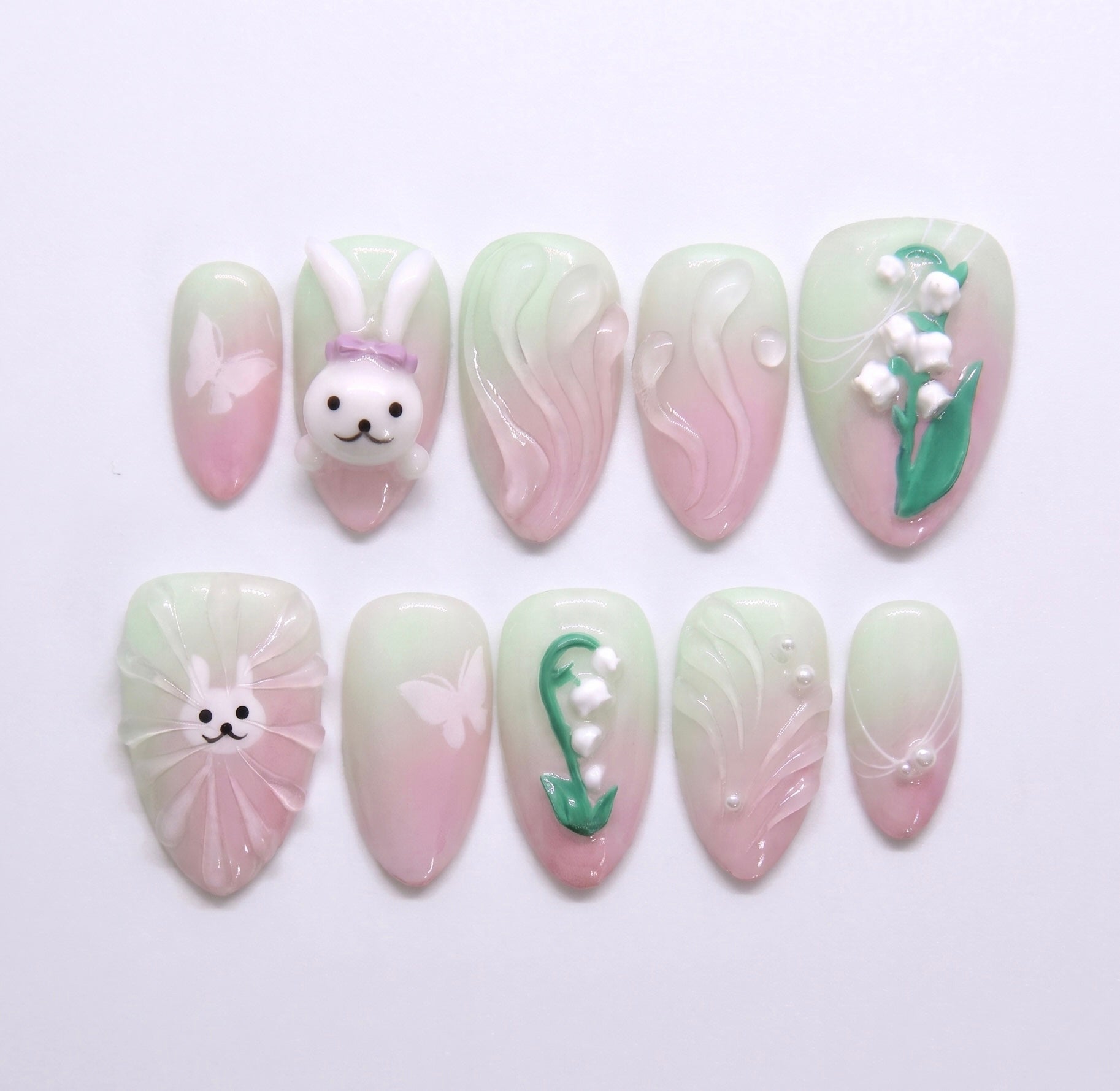 Green and pink bunny press on nails with floral and soft gradient design