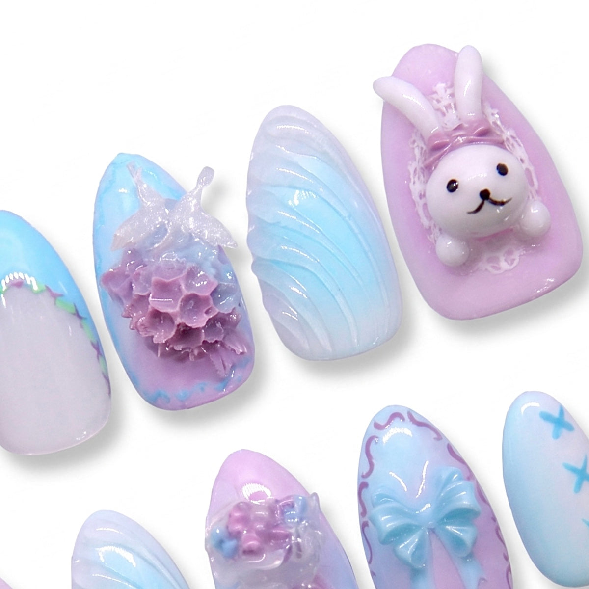 Cute bunny nail charm with glossy lilac base and textured design