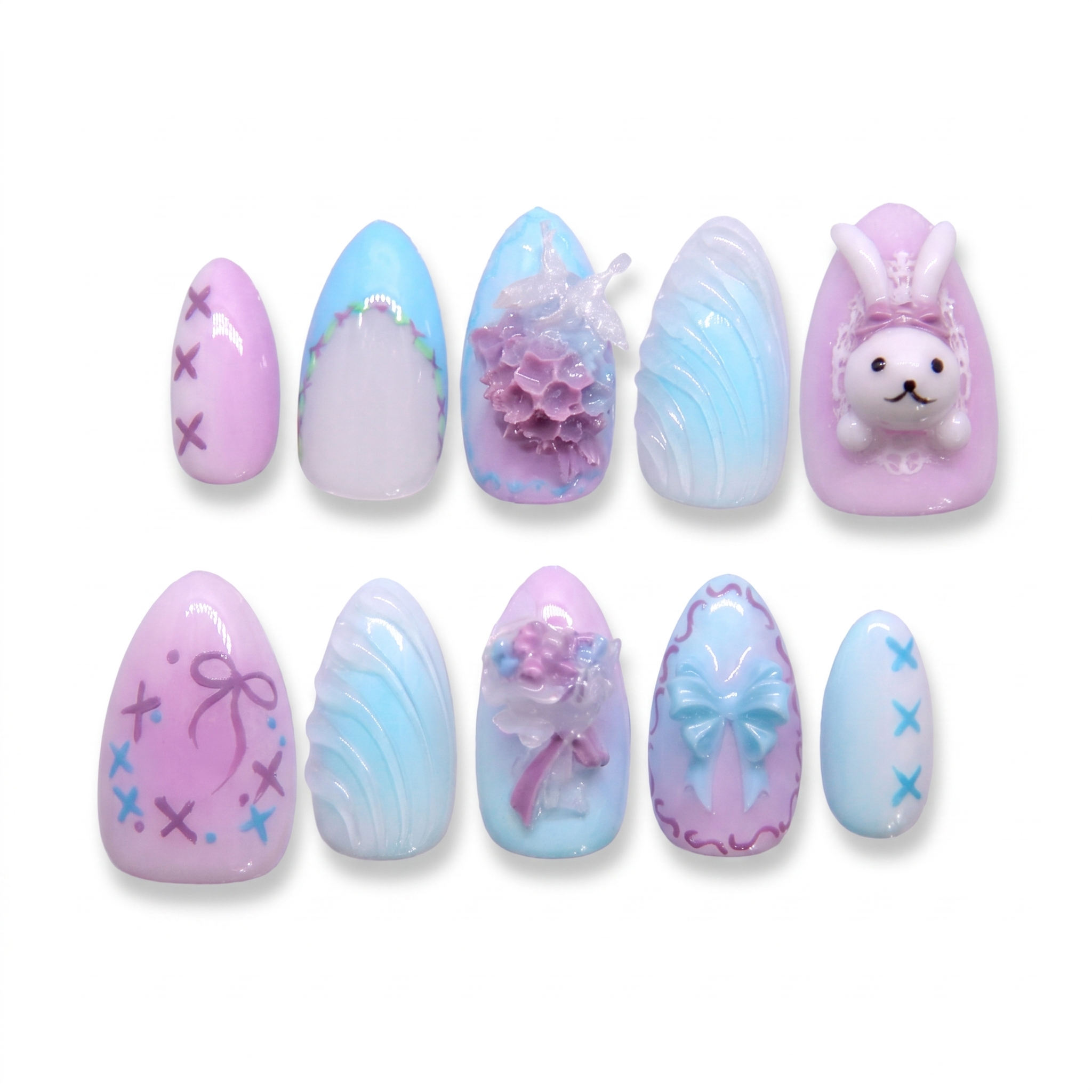 Pastel blue and purple bunny press on nails with soft floral and bow design