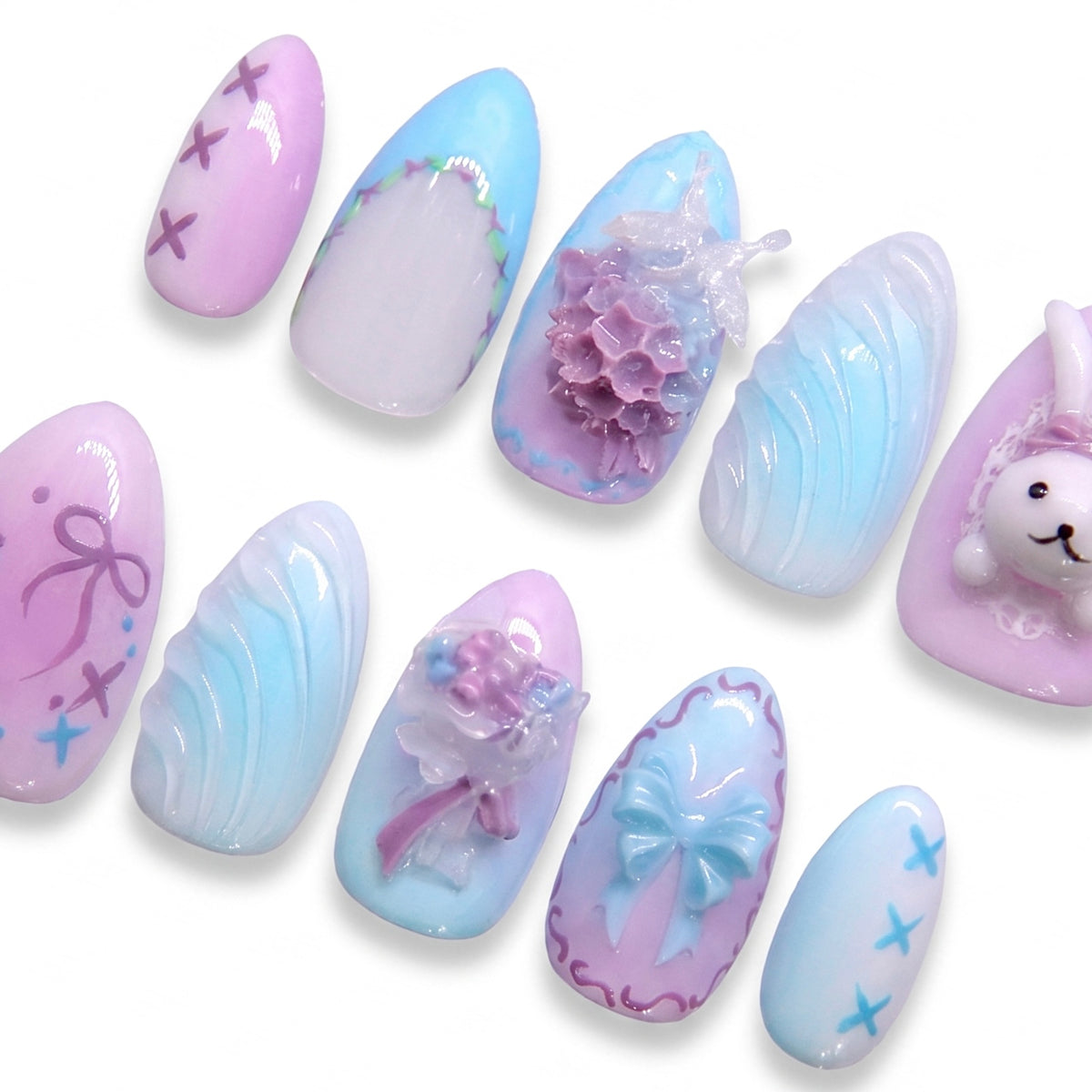 Pastel blue and purple bunny press on nails with soft floral and bow design