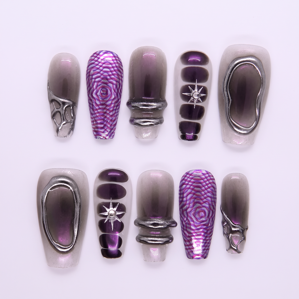 Full set of Night Bloom press-on nails in purple-black gradient with chrome 3D accents and star rhinestones, Water Flow collection