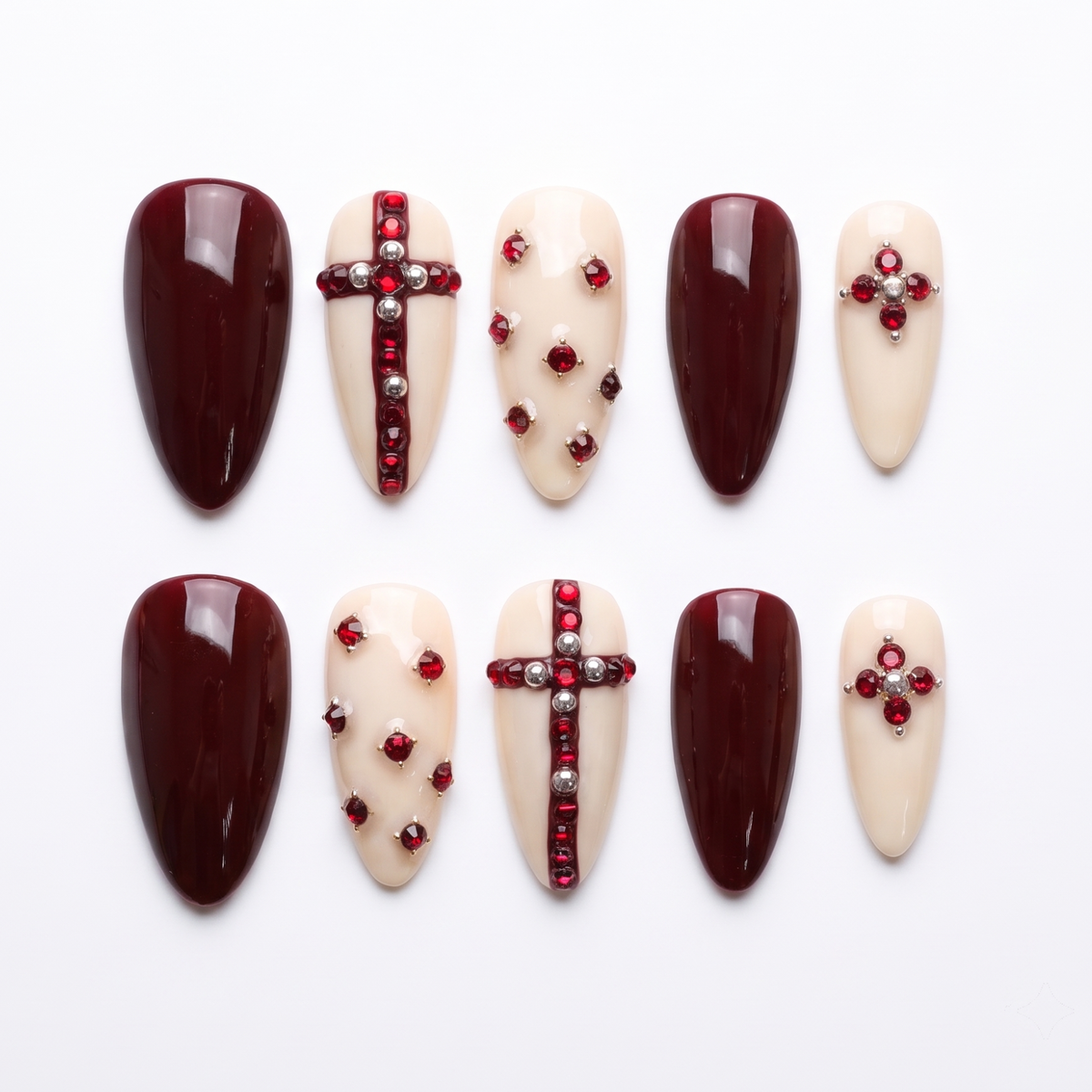 Wine & Worship press-on nails with ruby gems and cross designs on almond tips