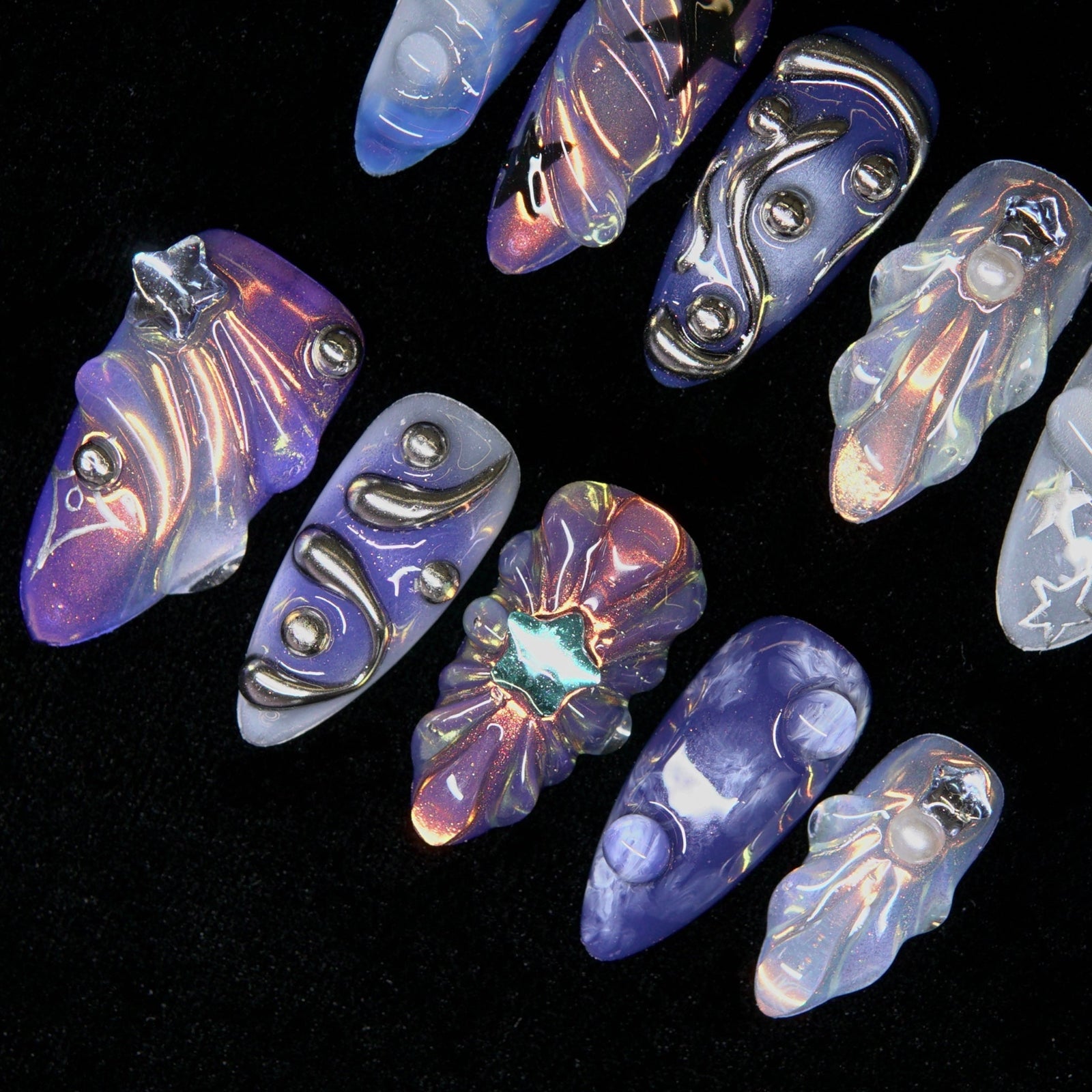 Star-patterned detailing on violet base with reflective shimmer.