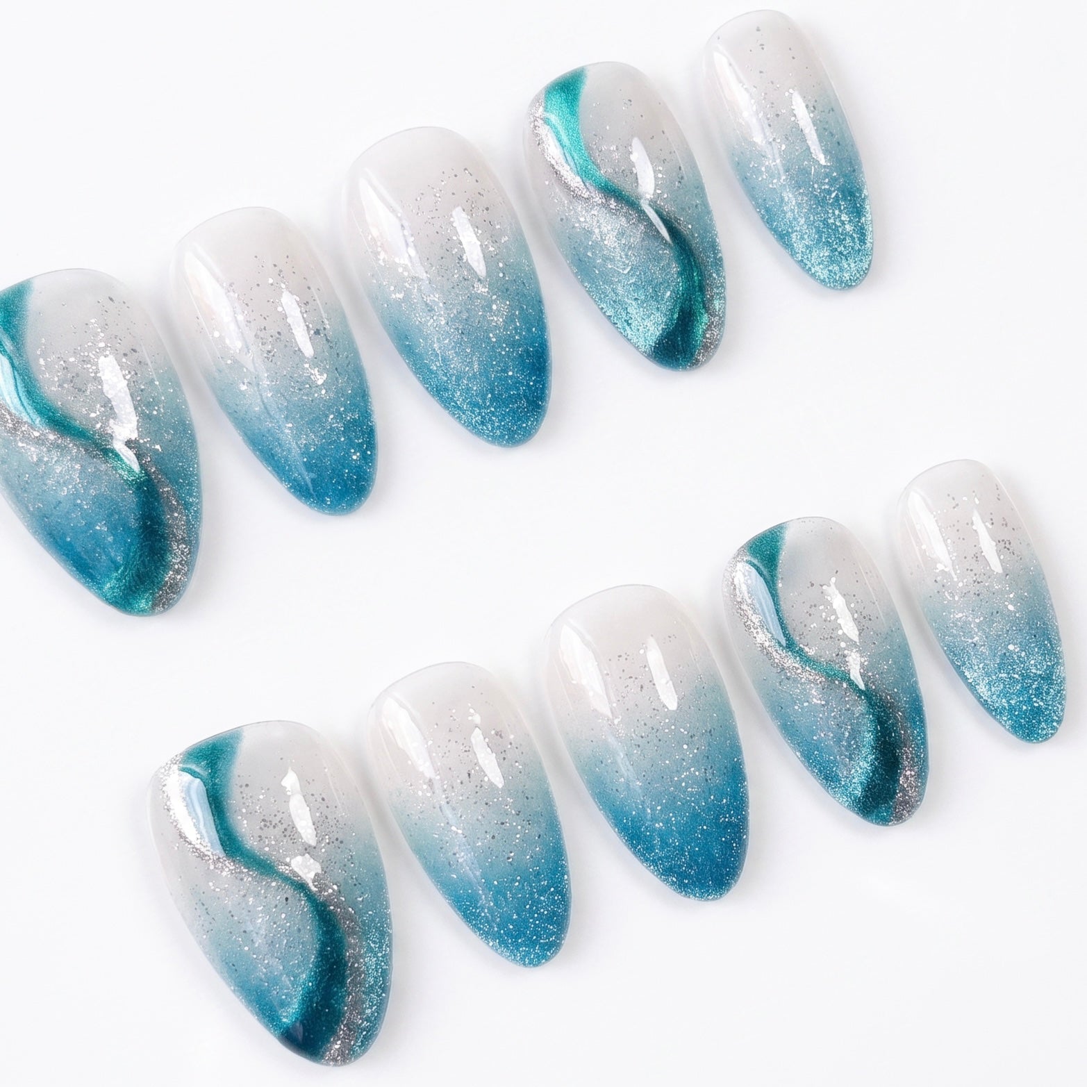 Reusable blue handmade press-on nails set by Nailsium