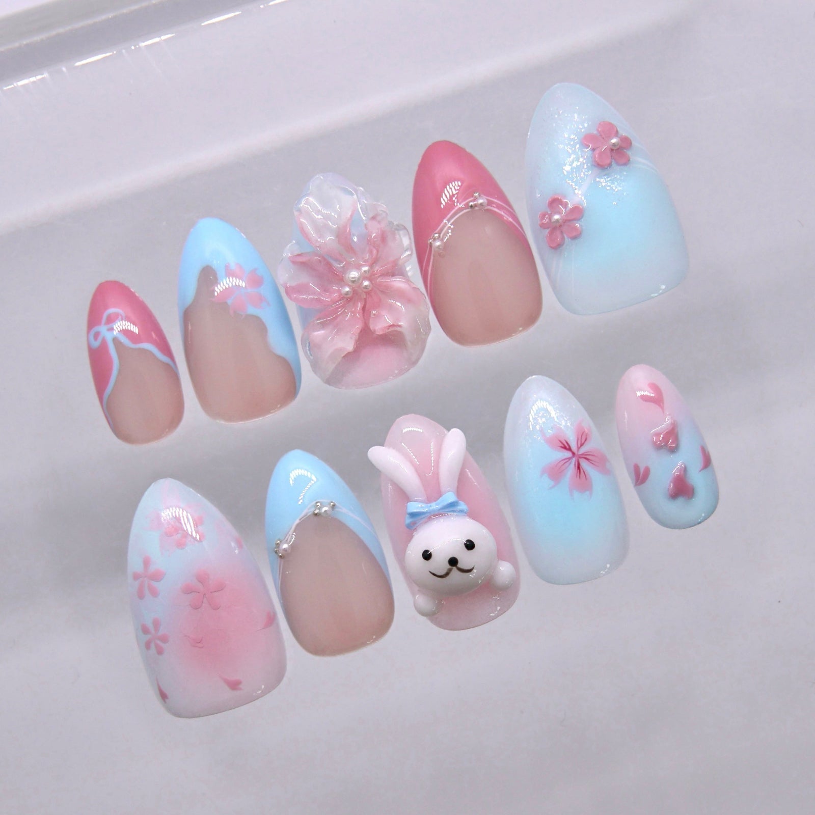 3D flower and soft gradient press on nails with pastel colors