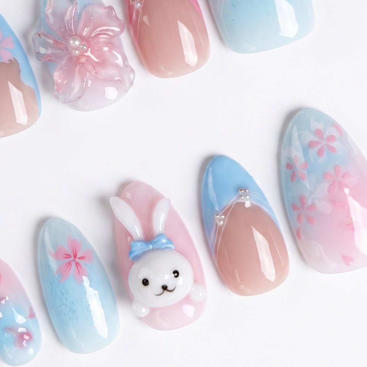 3D flower and soft gradient press on nails with pastel colors