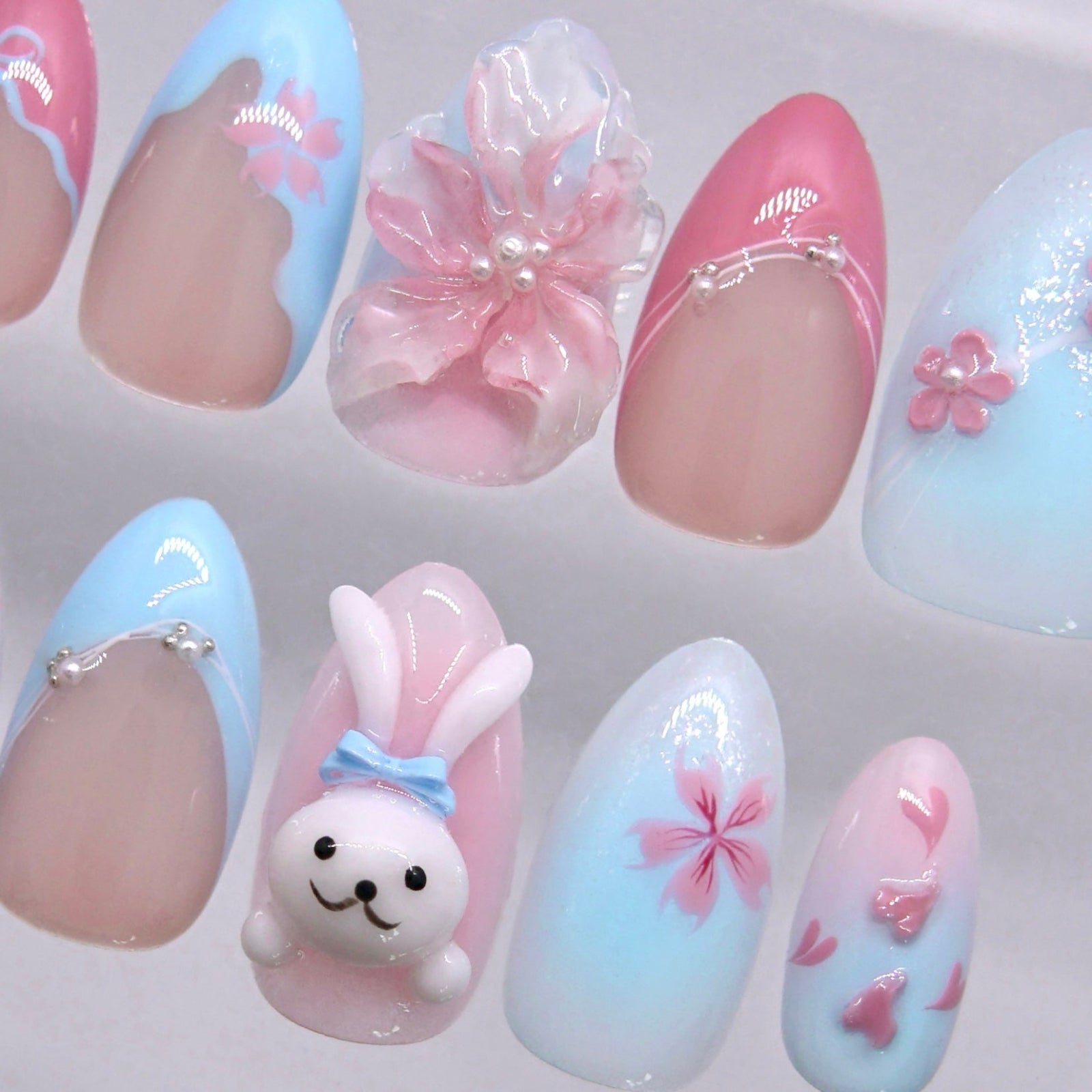3D flower and soft gradient press on nails with pastel colors