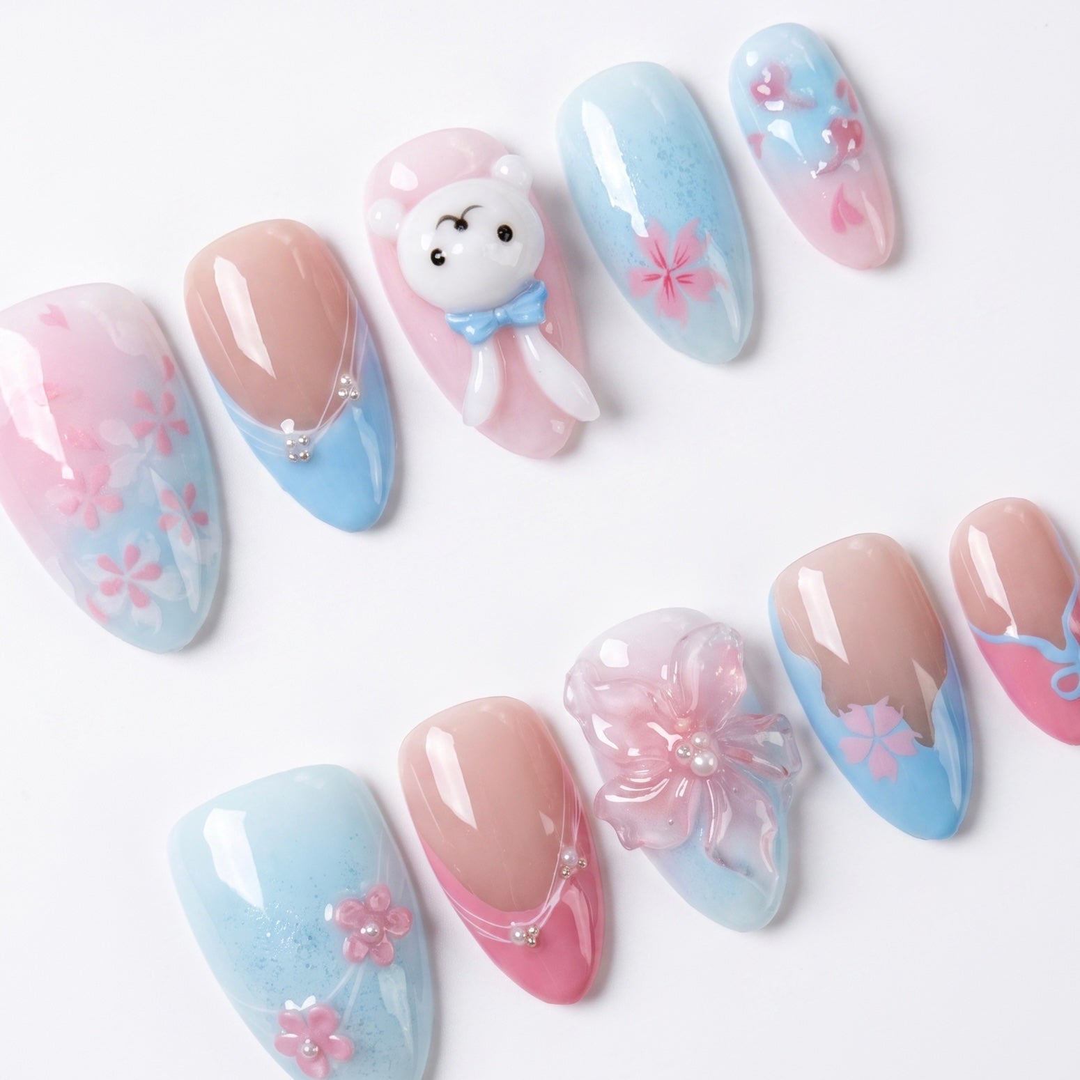 3D flower and soft gradient press on nails with pastel colors