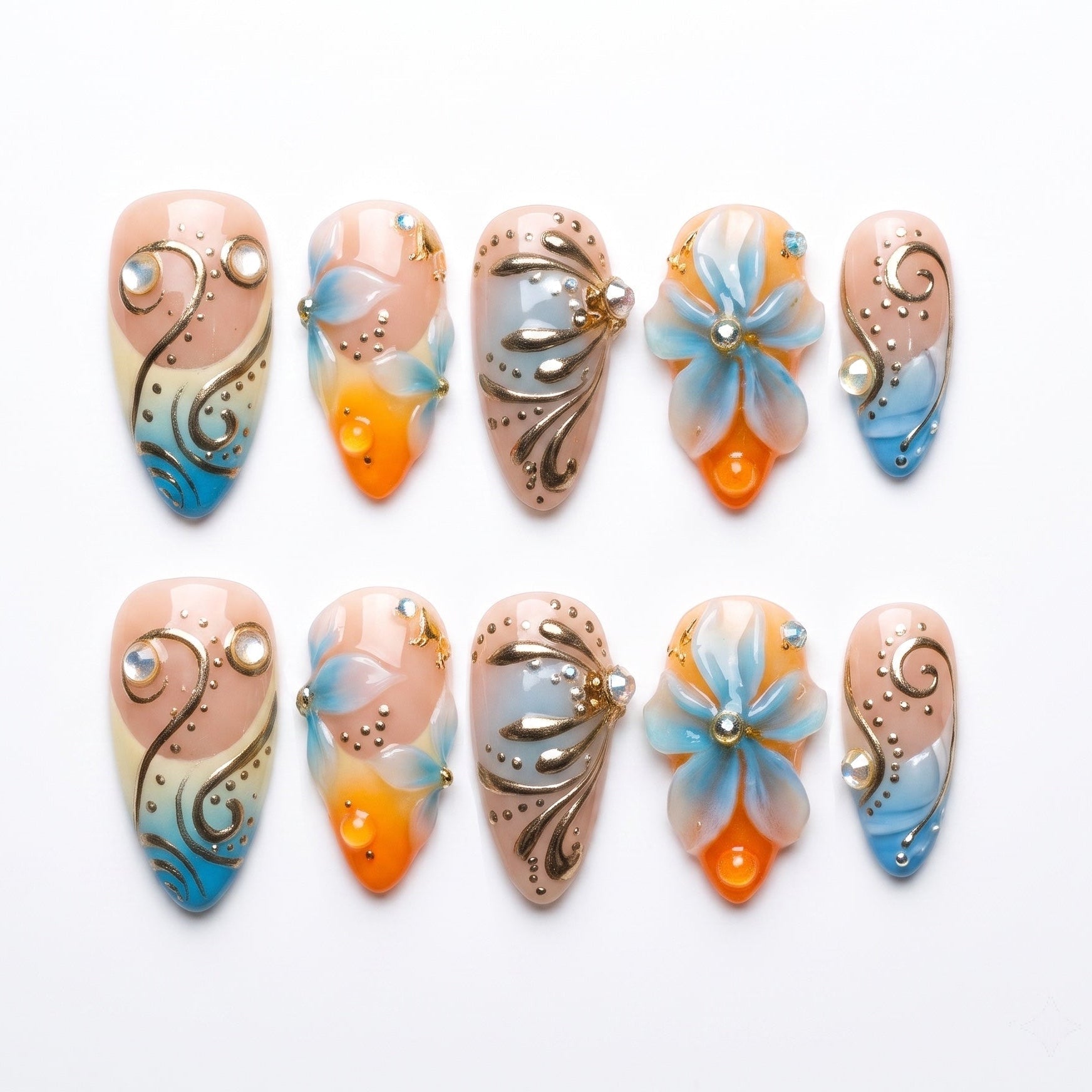 Blue and coral handmade floral press-on nails by Nailsium