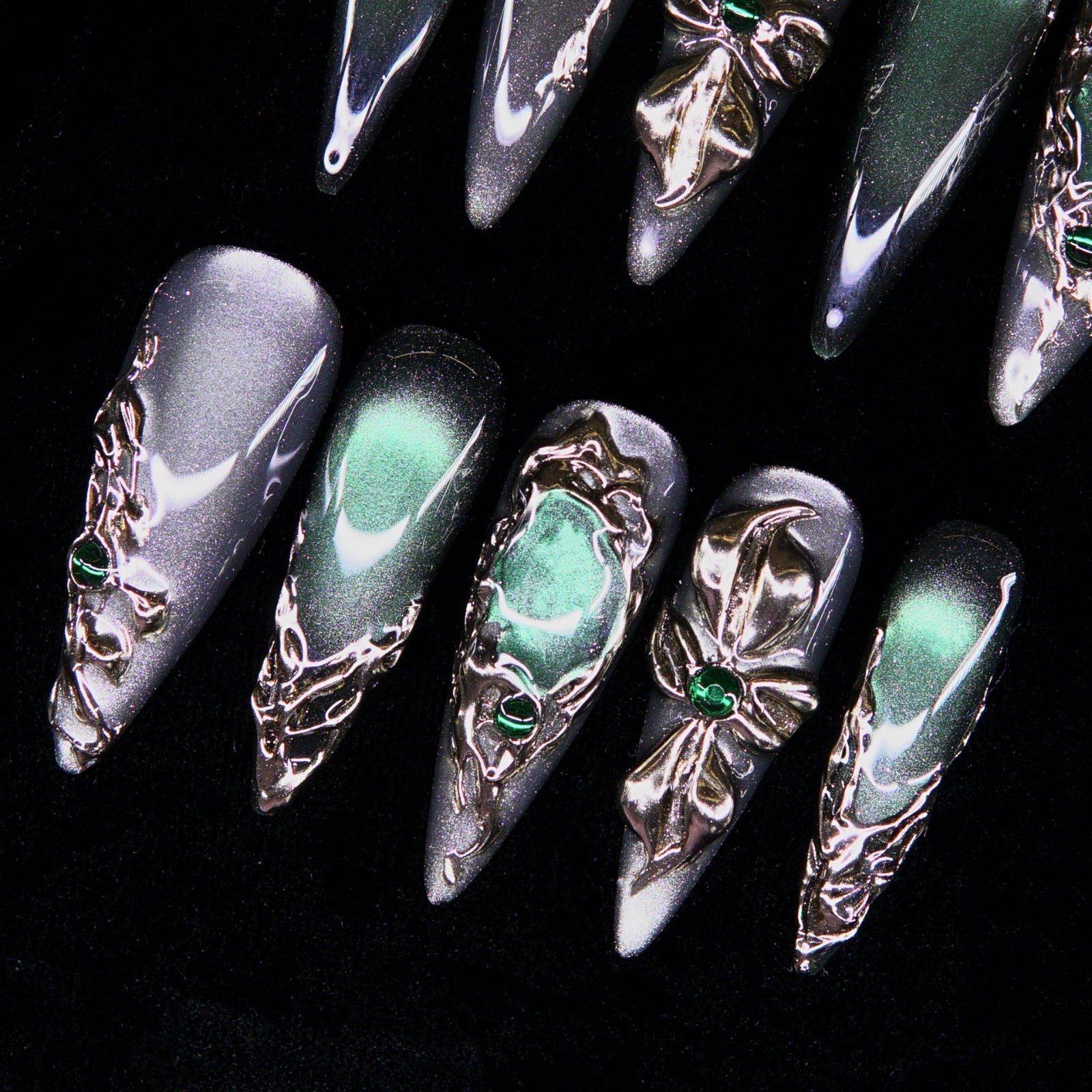 Handcrafted chrome linework resembling ancient protective symbols.