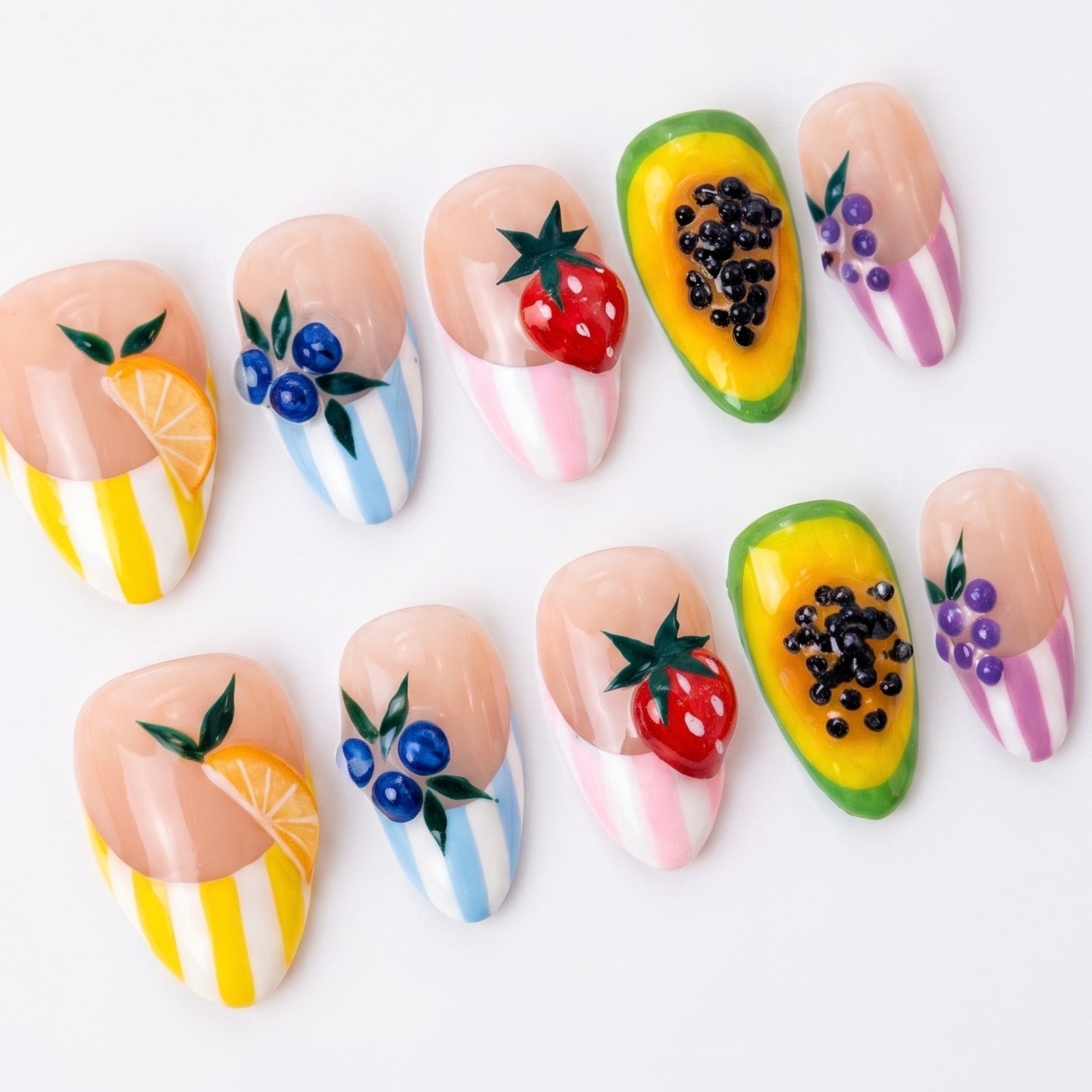 Reusable handmade fruit themed press-on nails by Nailsium