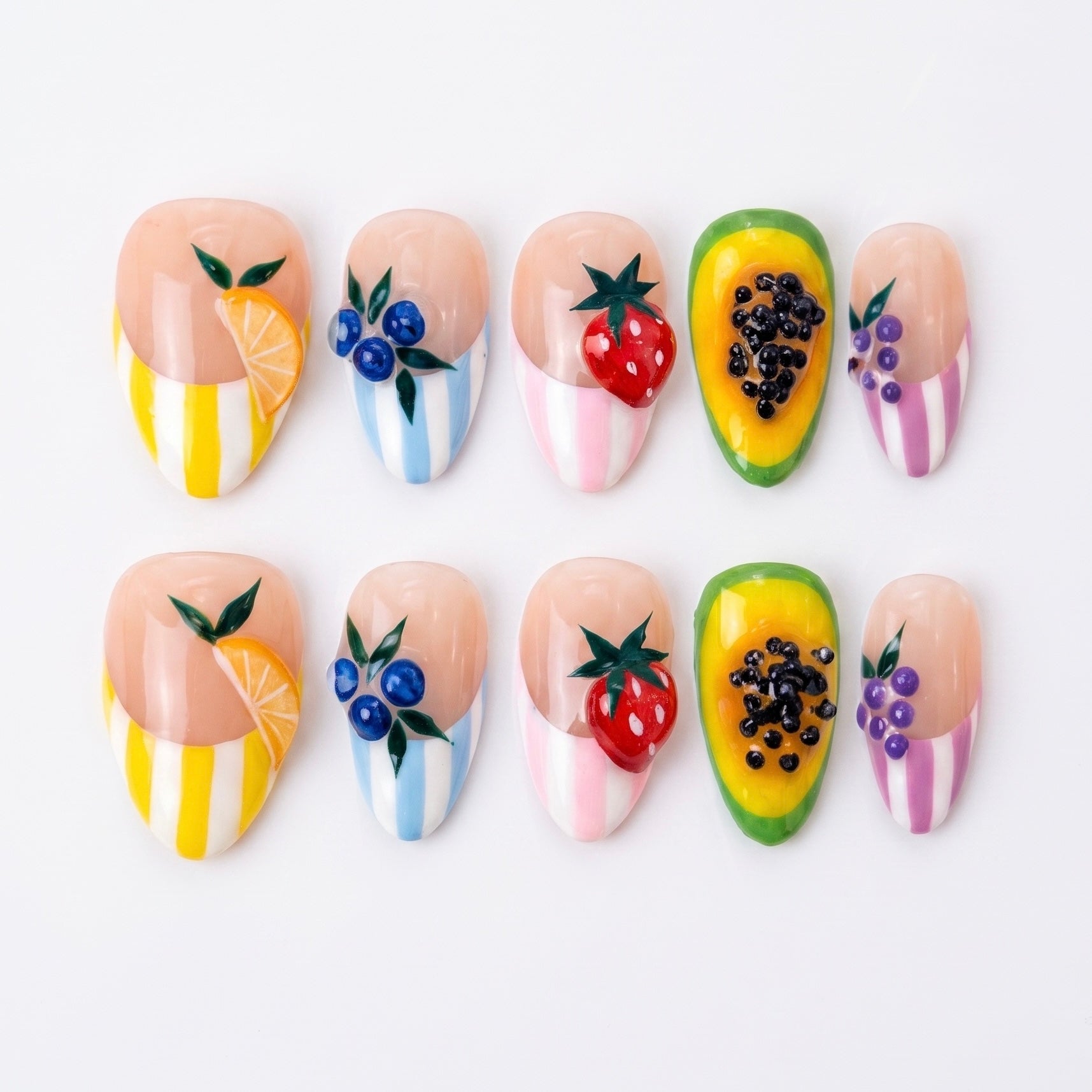Handmade fruit inspired press-on nails by Nailsium