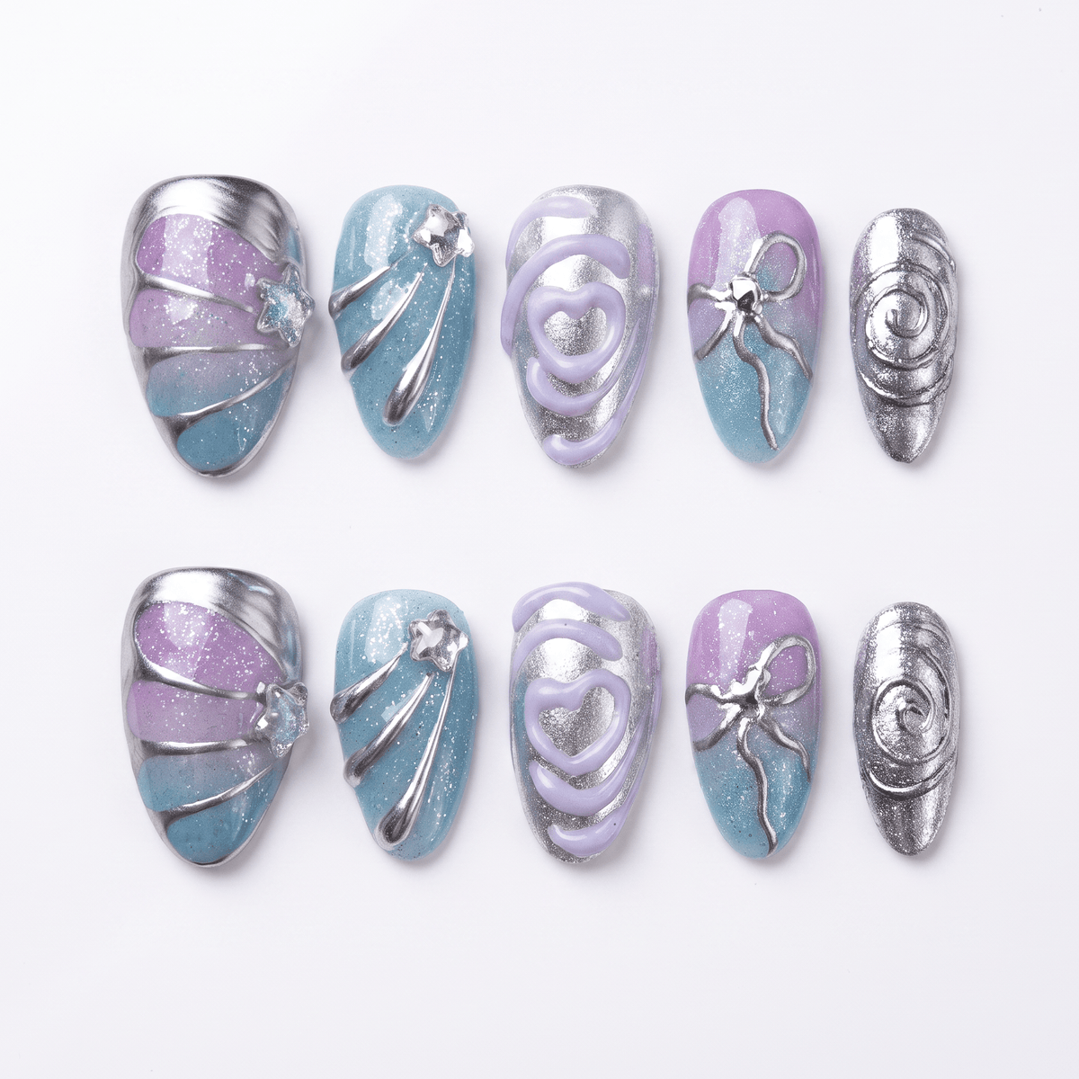 Flat lay of a pastel chrome nail set featuring sculptural silver lines and gradient tones.