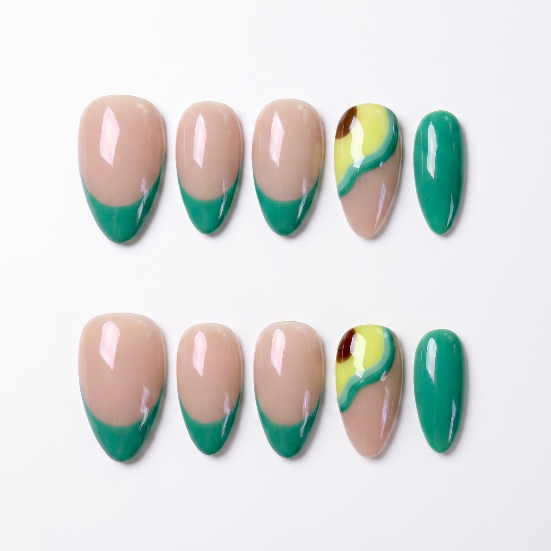 Green French tip press on nails with avocado design