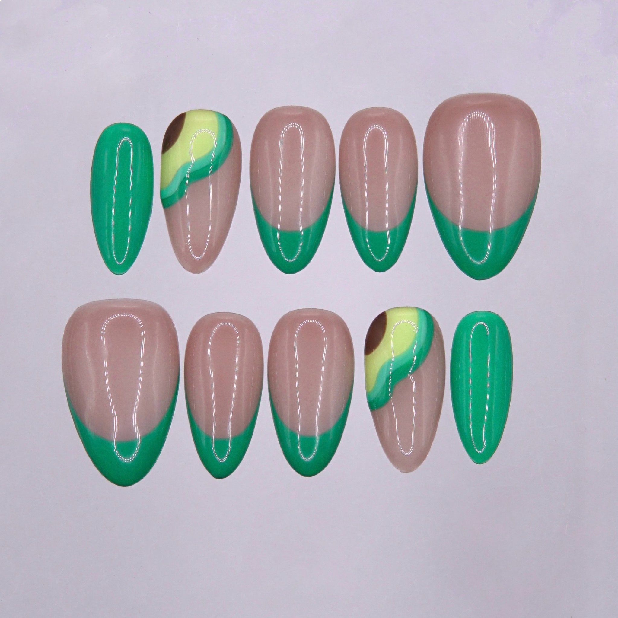 Green French tip press on nails with avocado design