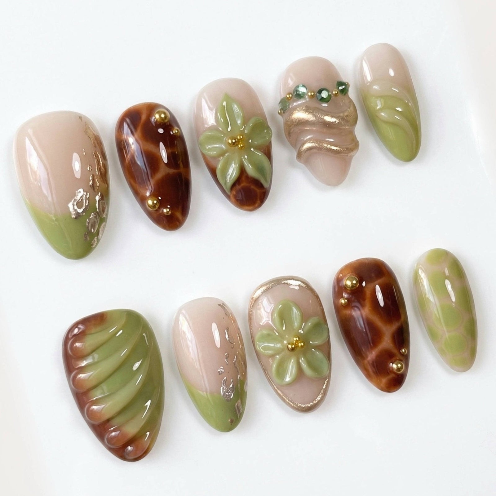 Reusable olive green handmade press-on nails set by Nailsium