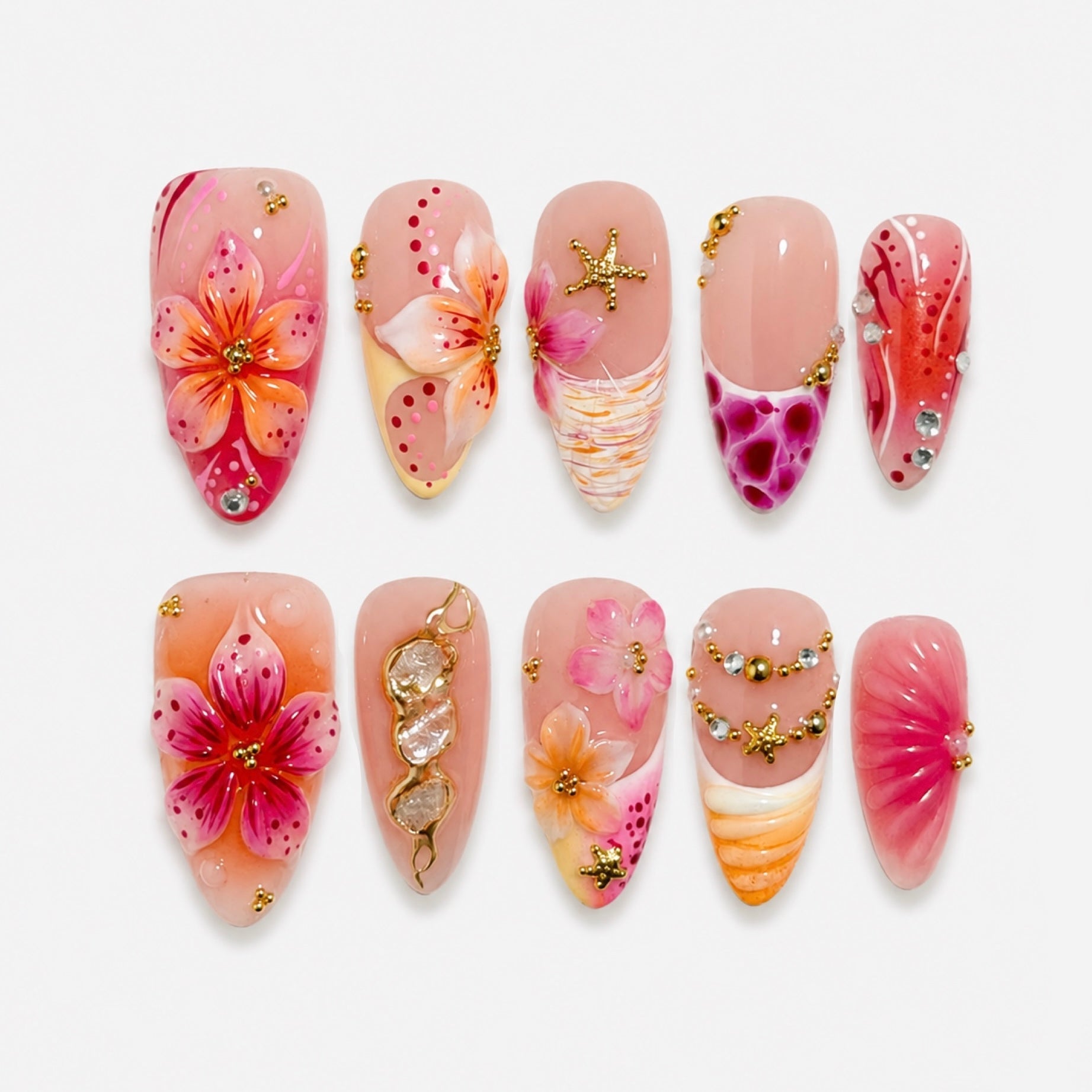Pink tropical handmade floral press-on nails by Nailsium