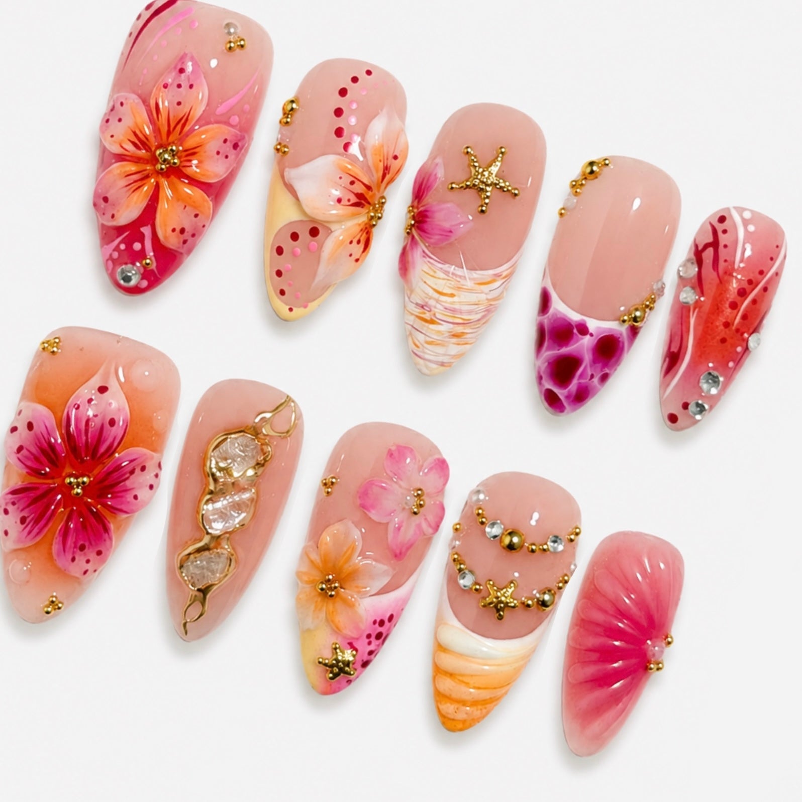 Reusable handmade pink floral press-on nails by Nailsium