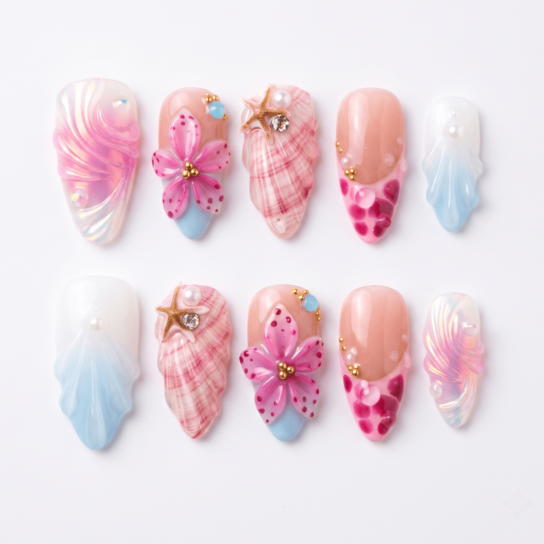 Pink seashell handmade press-on nails with floral details by Nailsium