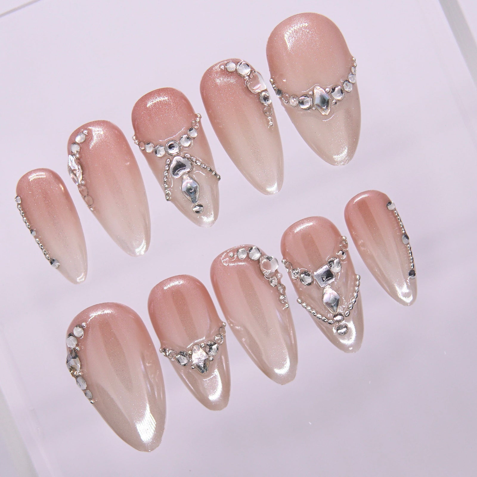 Handmade soft glam press-on nail set with rhinestone embellishments
