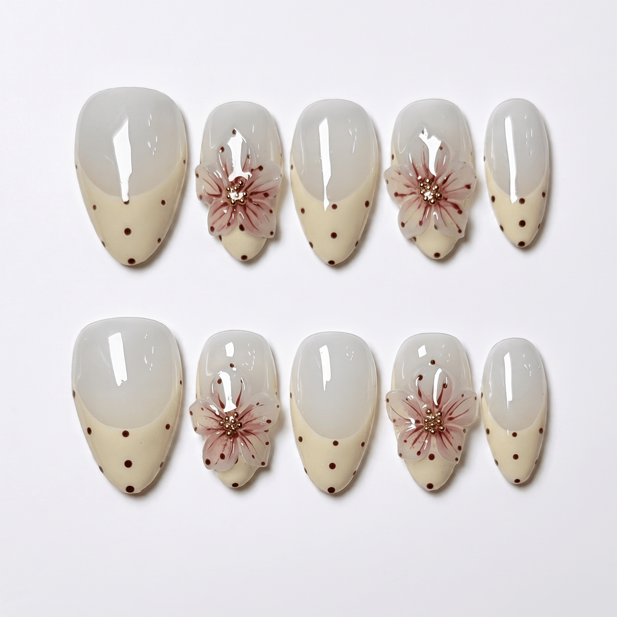 Soft floral French tip press on nails with cream and white tones