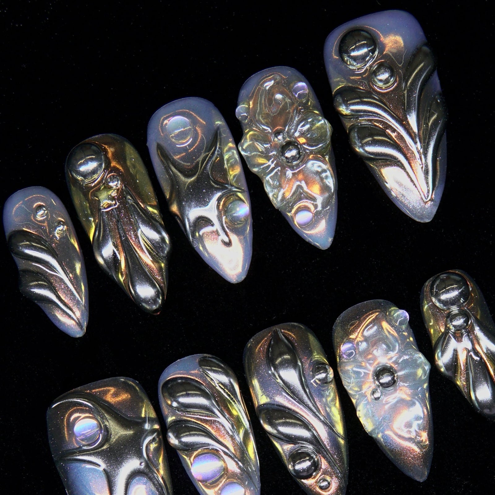 Side view showing warm reflective layers under soft light.