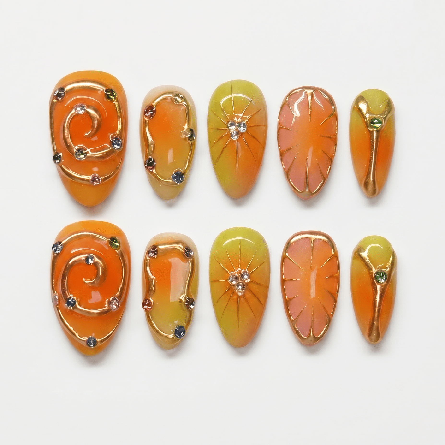 Sun Chaser handmade orange press-on nails by Nailsium