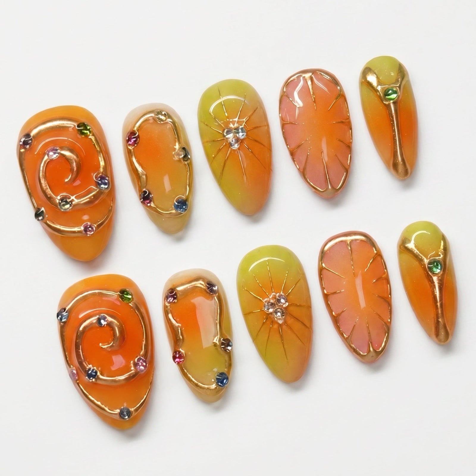 Reusable handmade orange and yellow press-on nails by Nailsium