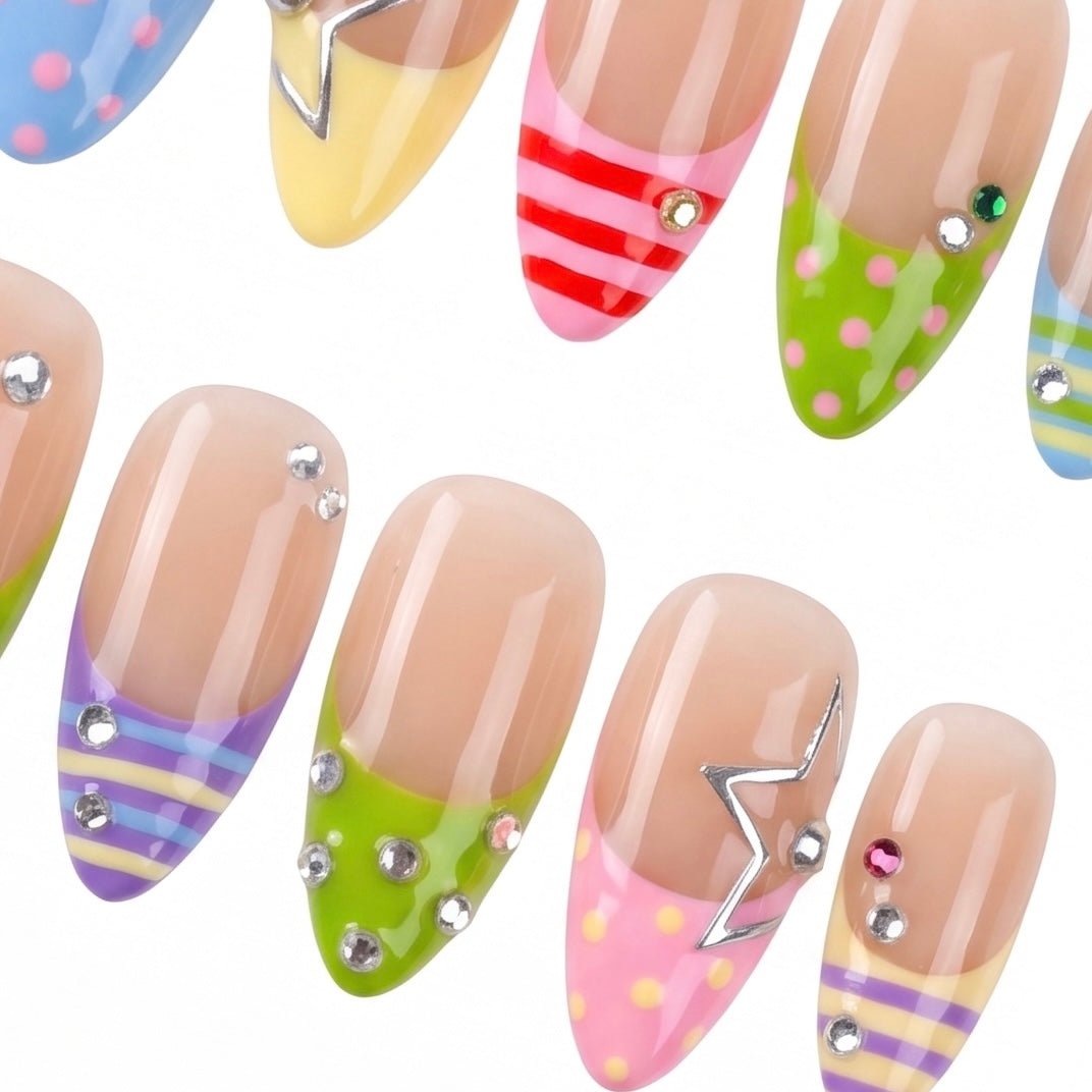 Colorful striped and dotted press-on nails by Nailsium