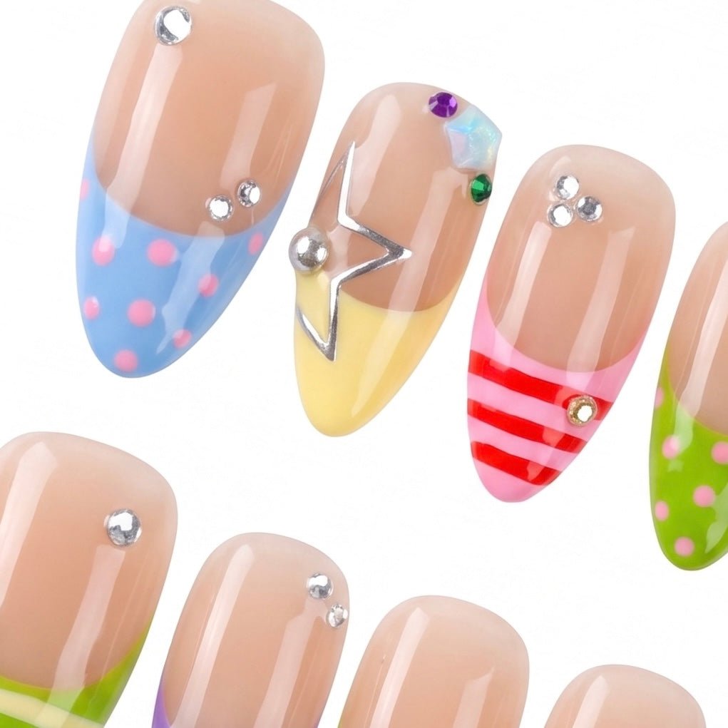 Bright summer press-on nails with hand painted details by Nailsium