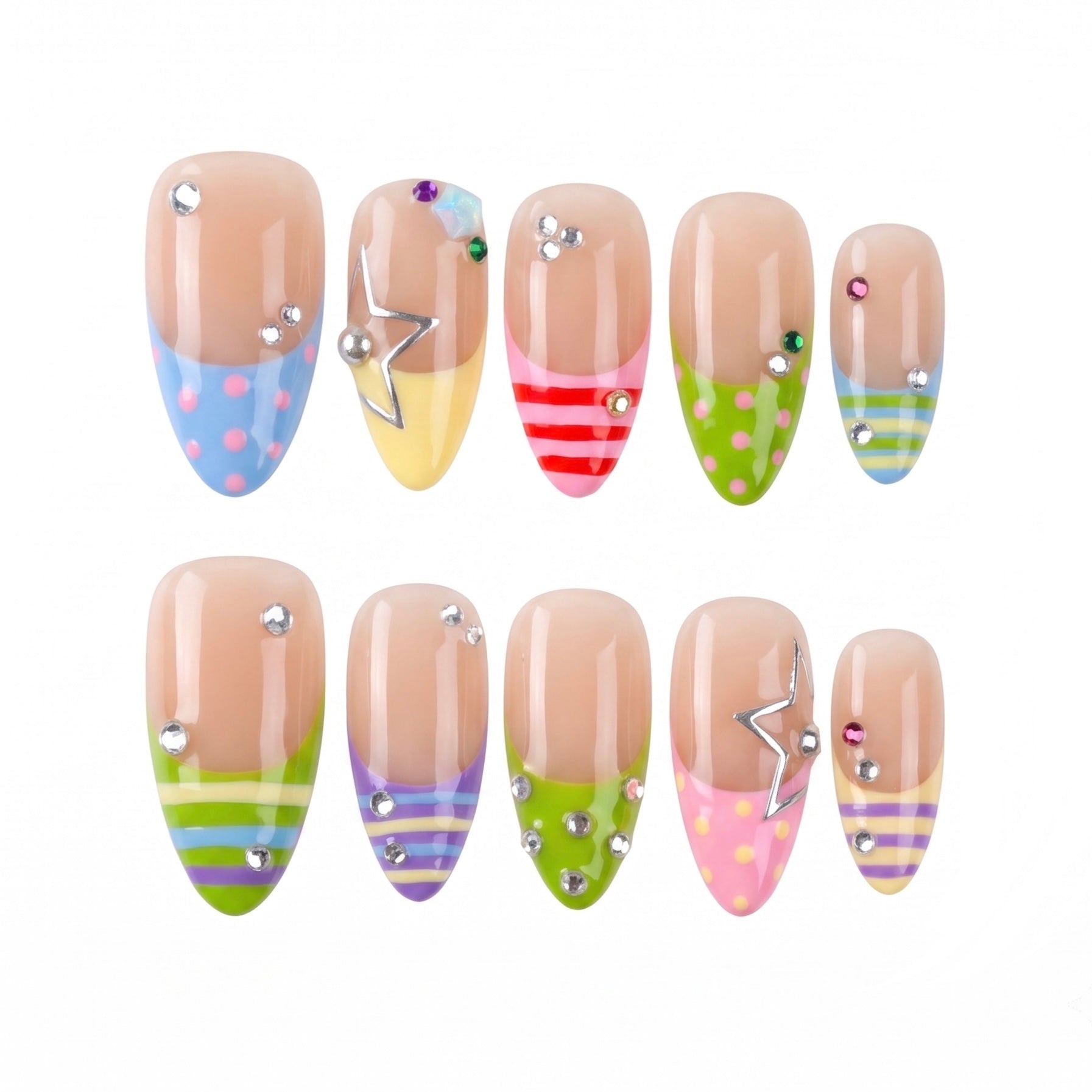 Colorful handmade press-on nails with playful summer design by Nailsium