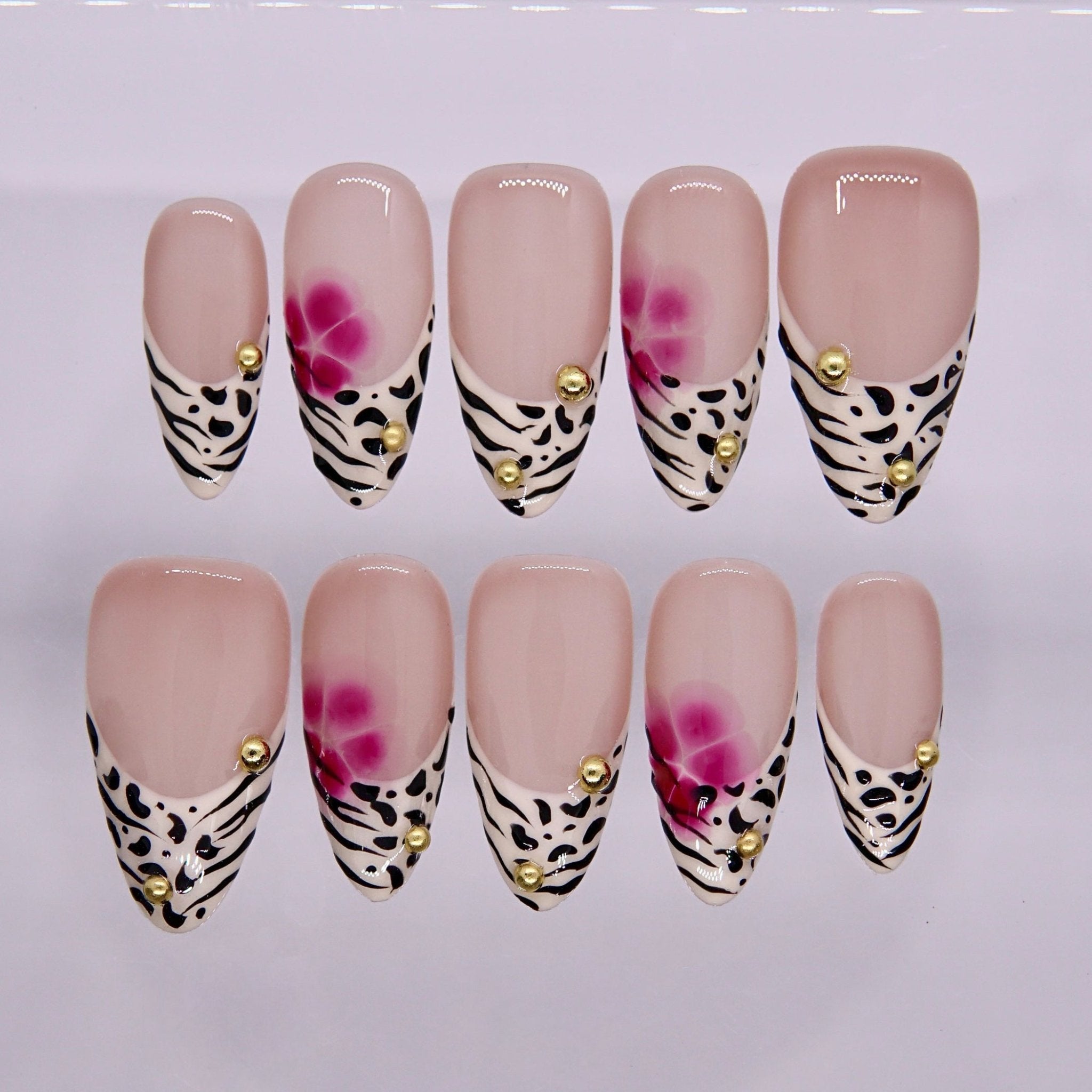 Zebra French tip press on nails with pink flower accents