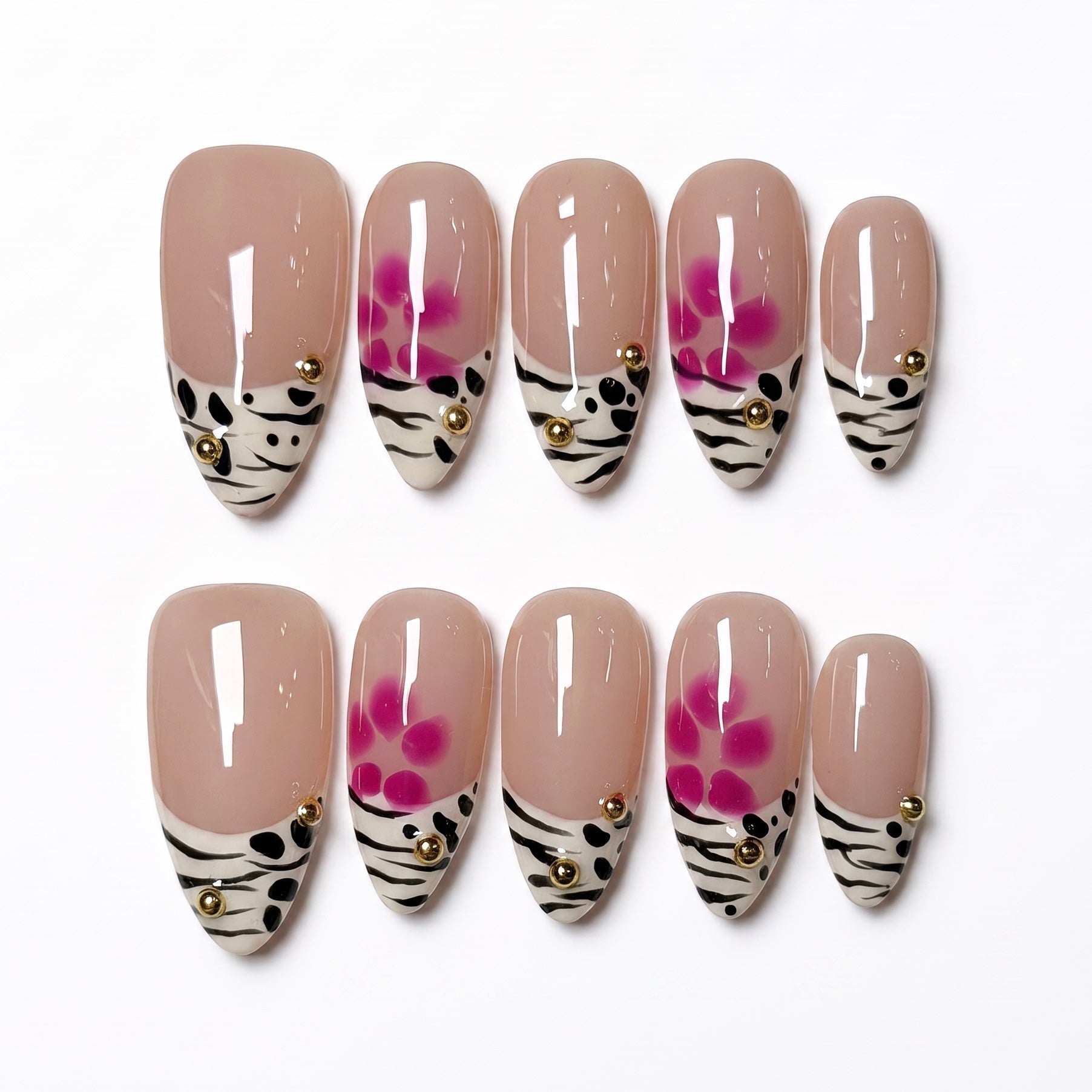 Zebra French tip press on nails with pink flower accents